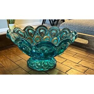 Vintage L.E Smith Aqua Blue Moon and Stars Glass Footed Candy Dish Bowl Compote